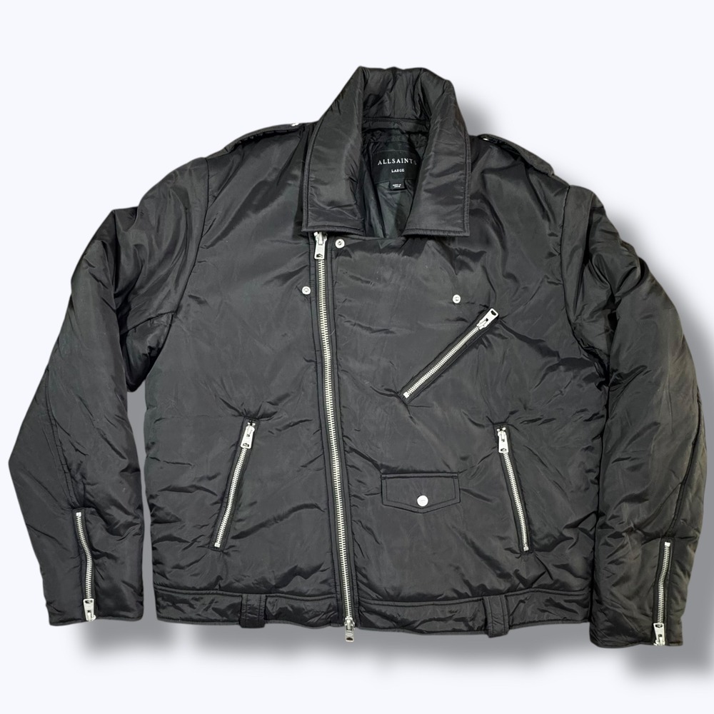 AllSaints Miller Black Puffer Biker Jacket Men's Large Moto Streetwear Edgy Punk